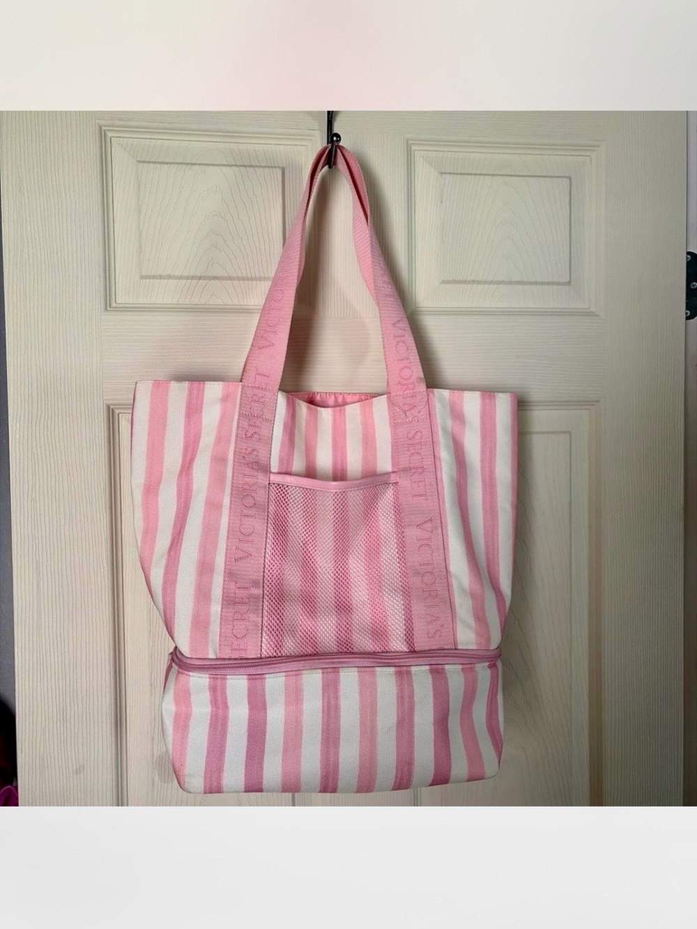 Victoria's Secret Pink and White Striped Tote with Zip Base